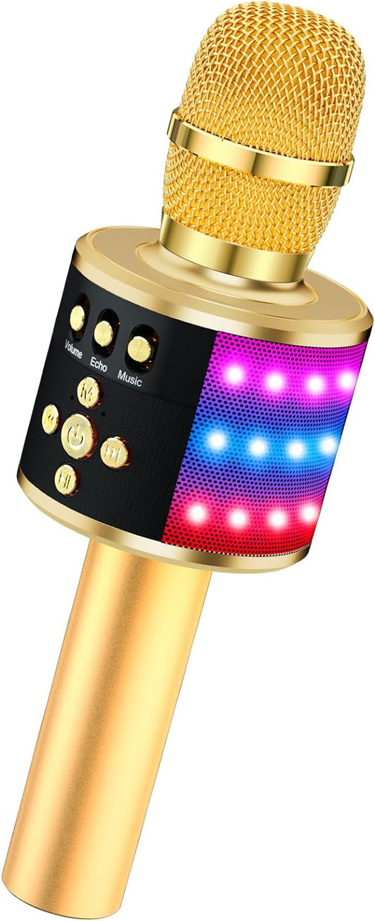 Bluetooth Wireless Karaoke Microphone with LED Lights,4-In-1 Portable Handheld Mic with Speaker Karaoke Player for Singing Home Party Toys Birthday Gift for Kids Adults Girls Q78(Gold)